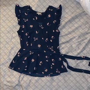 Navy blue pink floral top with ruffled sleeves